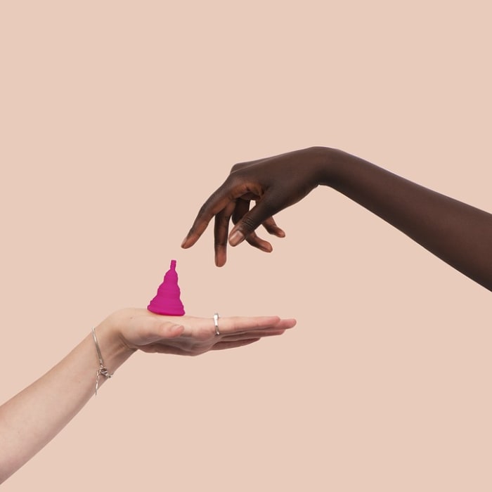 An example of a menstrual cup. This one offers an alternative to the usual "bell" shape of most of the menstrual cups available.