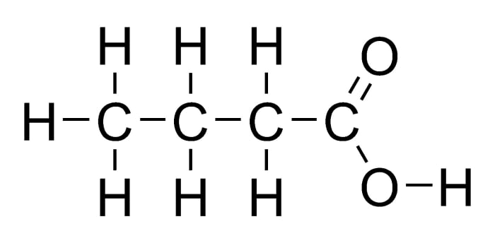 This is the structural formula for a butyric acid molecule. The acid group is shown on the right side of the formula.