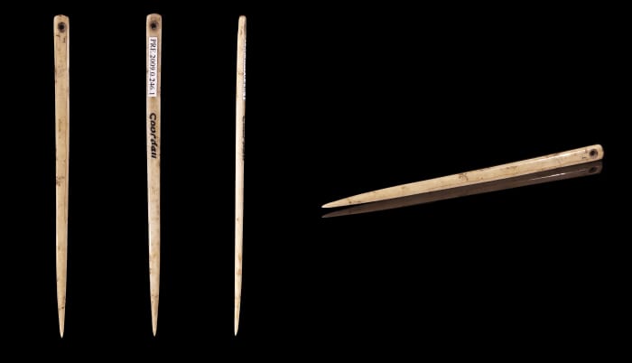 A flat bone sewing needle from the Upper Paleolithic period