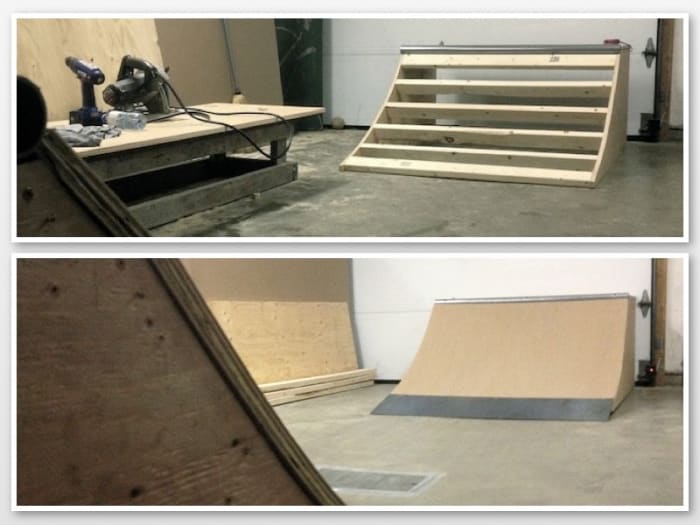 A micro ramp consists of two micro quarter pipes, 2 feet high by 4 feet wide, facing each other inside a garage or basement.