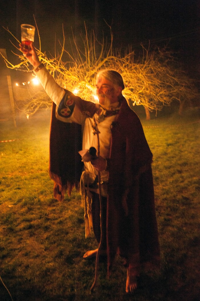 "Wassail!" Druid Martin raises a toast to the Queen of the Orchard.