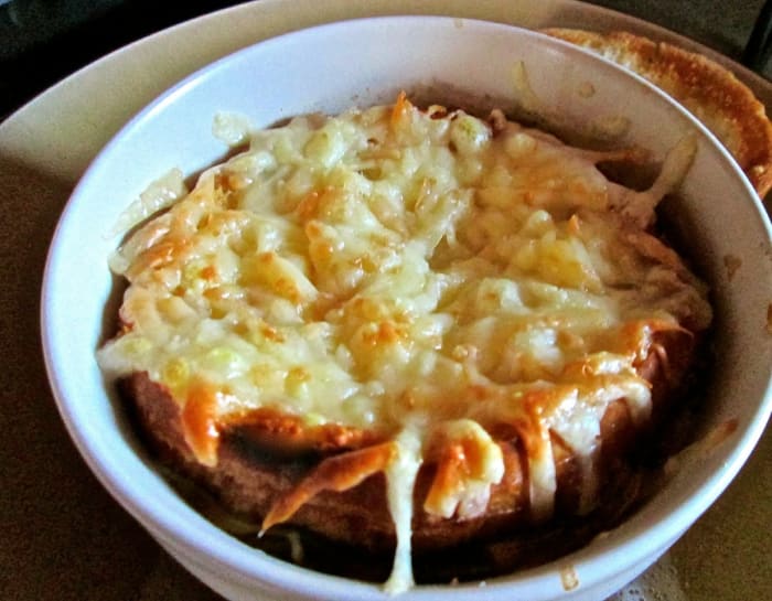 You can see how the toasted half of the French hard roll is floating on top, and just look at that outer crust. It works perfectly!