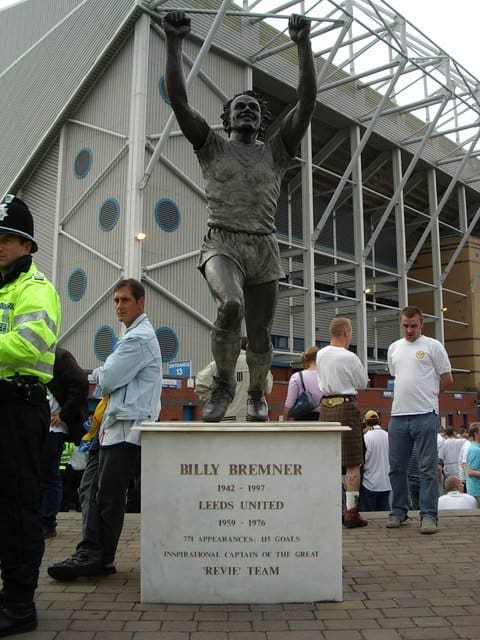 The Billy Bremner statue outside Elland Road football stadium. Nicknamed "King Billy", Bremenr played for the team from 1959 to 1976, captaining the team through its golden period. Bremner died in 1997 from a suspected heart attack aged just 54.