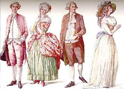 American Fashion, 1780s. L. Suit in French style; LC. Gown in French style; RC. and R. suit and gown