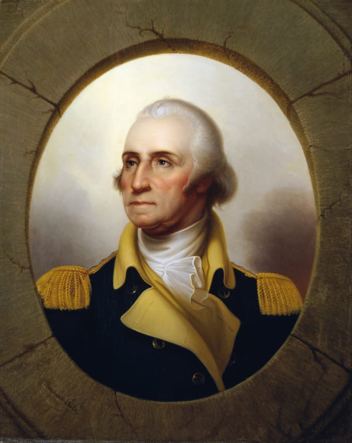George Washington by Rembrandt Peale, De Young Museum (ca. 1850). Washington was the first president of the United States, Commander-in-Chief of the Continental Army during the American Revolution, and a Founding Father of the country.