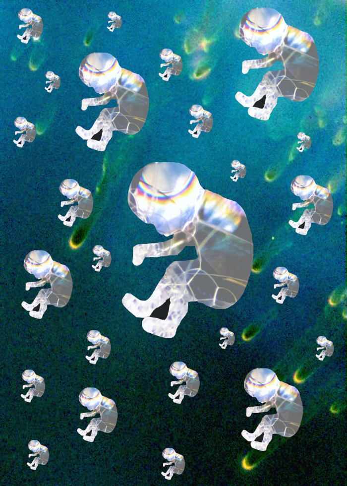 Soap bubble fetuses falling from a meteor-streaked sky, an illustration for Gift of the Gruldak, a serialized science fiction novel.