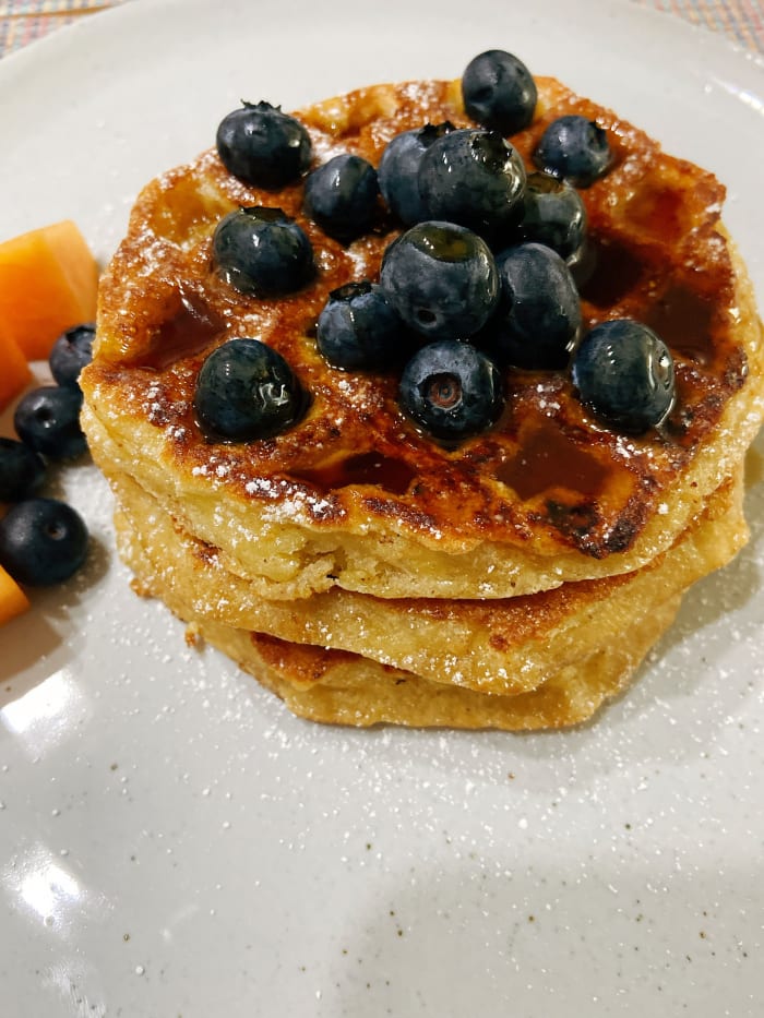 Yummy waffle French toast. Crispy on the outside and soft on the inside. It's become a family favorite!