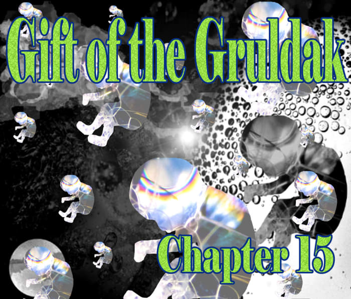 Fetuses made of soap bubbles floating in space around another fetus in a water bubble, illustration for a sci-fi chapter.