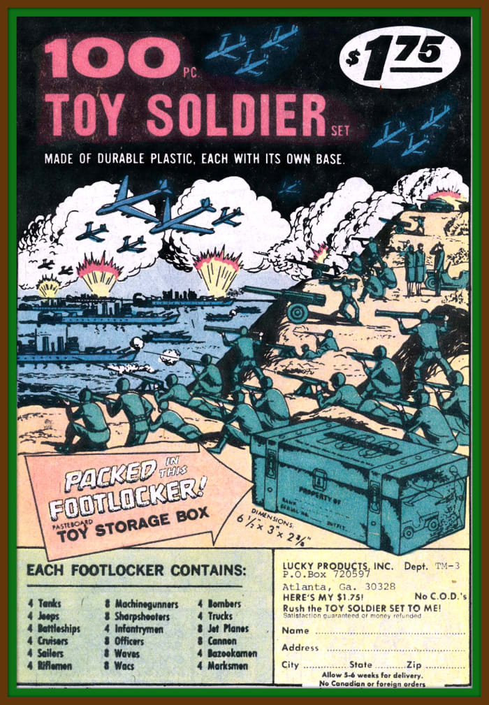The 100 Piece Toy Soldier Set with Toy Storage Footlocker, Lucky Products, Inc.This set included tanks, trucks, and jeeps and was remarkable for including female figures, both wacs and waves. Pieces are stamped "Made in Hong Kong".