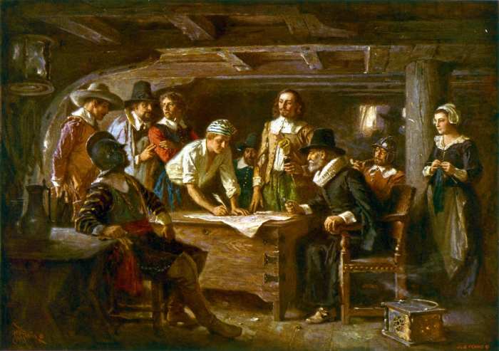 Below deck on the Mayflower: the signing of the Mayflower Compact, painted by Jean Leon Gerome Ferris in 1899