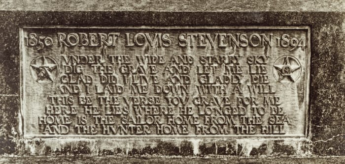 The tombstone atop Stevenson’s mountain grave bears as an epitaph his poem ‘Requiem.’ Chronicle / Alamy