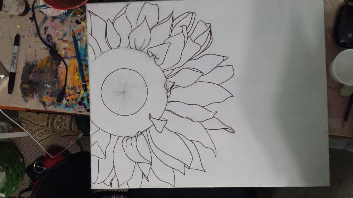 Here is the painting before the base coat is applied. You can see my flower outline is dark. I always outline my designs with sharpie. It helps me to see my lines even when I apply a basecoat.