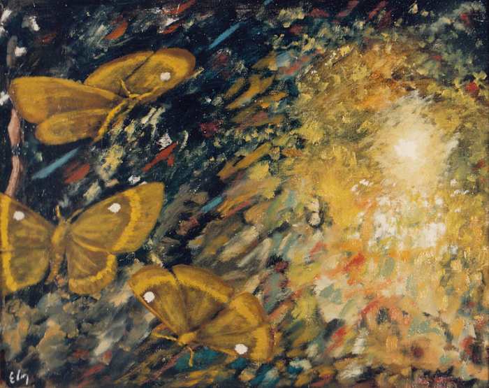 Pintura de Eugenio Cruz Vargas (1923-2014). Técnica: óleo sobre tela. Tema: abstracción objetiva/expresiva de mariposas atraídas por la luz. Medidas: 50 x 60 cm. Autora de la fotografía: Liliana Fuentes, quien, por el consentimiento acreditado del pr