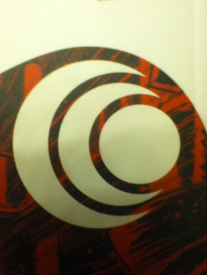Close up of the symbol used by the dimensionauts in Black Science, found on the rear cover of vol. 3 (photo taken by Seth Tomko)