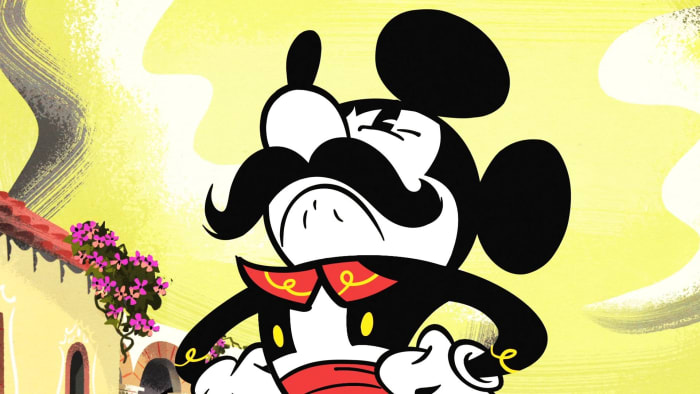 Image from an episode taking place in Mexico. Yes, that is Mickey Mouse with a mustache. He spoke fluent Spanish, too.