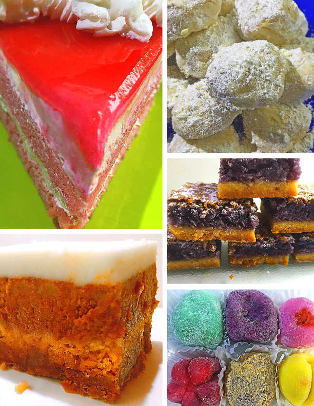 Clockwise from top left: guava chiffon cake; macadamia nut snowballs; ube shortbread bars; mochi rice cakes; pumpkin haupia pie.