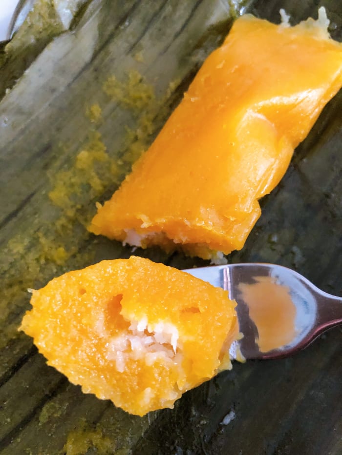 Soft and smooth steamed lepat labu. I love the combination of sweet pumpkin and salty coconut filling.