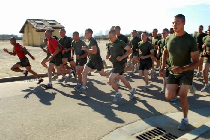 Circuit training workouts are often designed as "do anywhere" strength and conditioning sessions. This form of cross-training is utilized heavily by the armed forces, such as Marines in the photograph.