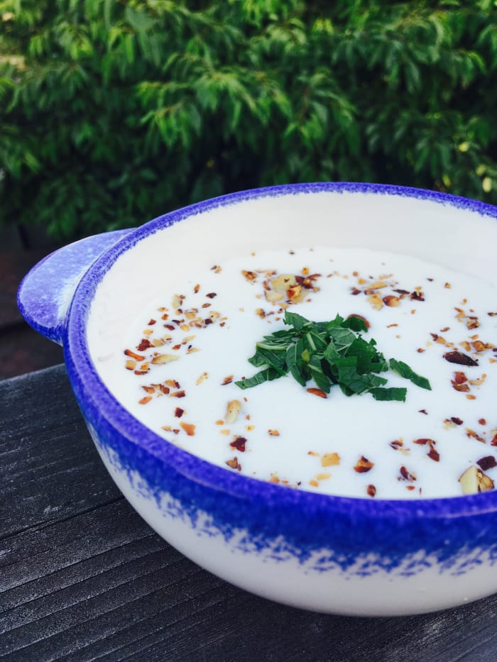 Homemade ajoblanco soup, also known as "white gazpacho"