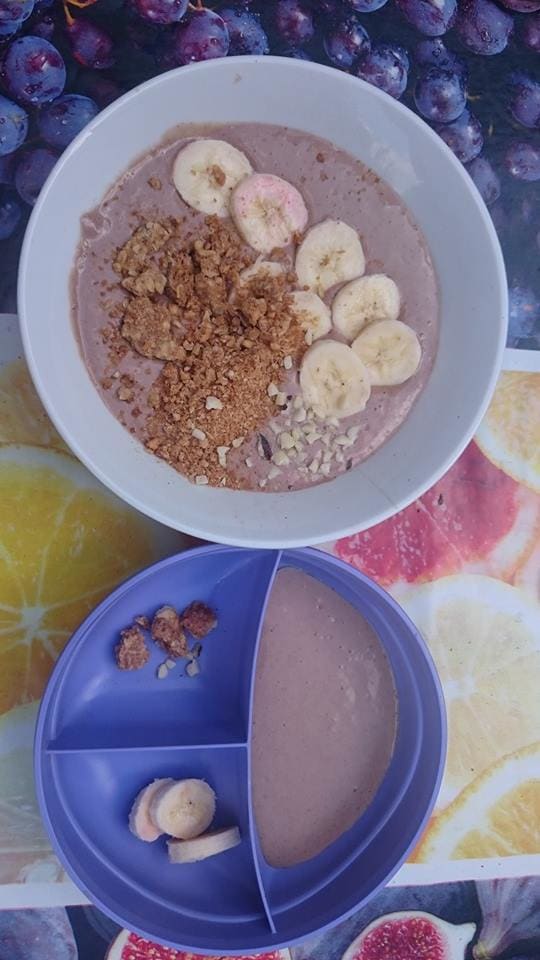 Peanut butter, banana and chocolate smoothie bowl (mine on top, my son's on the bottom).