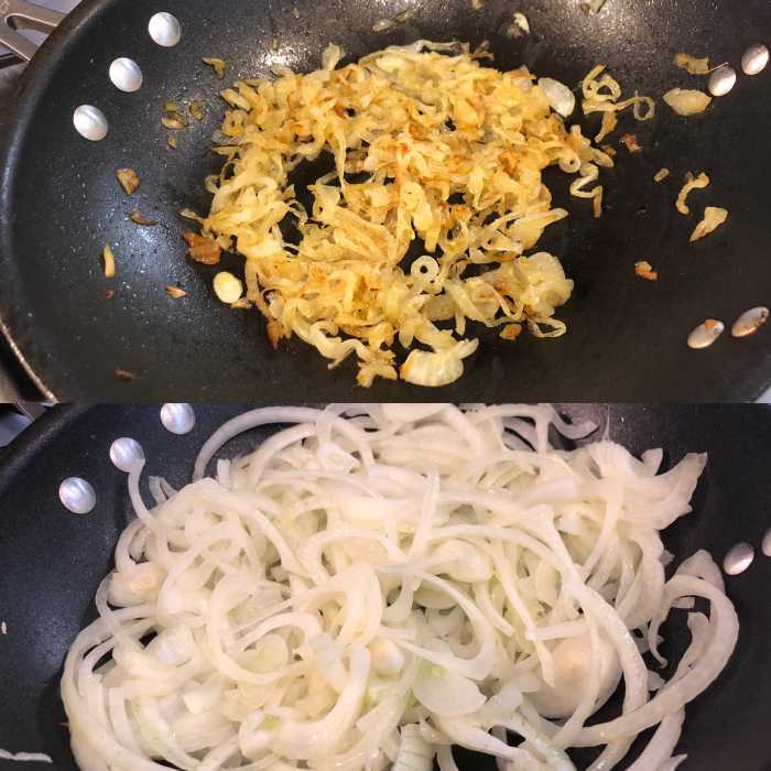 Before (bottom): The raw onions fill up the entire pan. After (top): The onions will reduce down significantly after an hour of cooking.