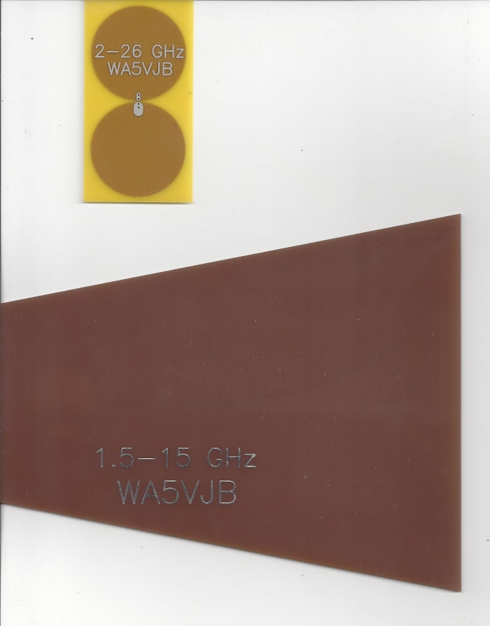 Two different ultra wideband antennas; the top is a planar antenna, bottom is a vivaldi antenna.