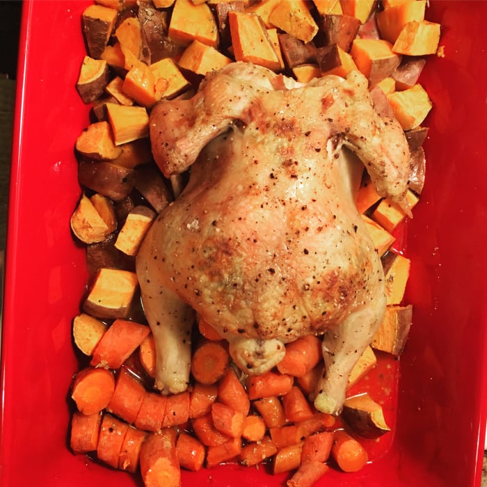 I like to cook carrots, sweet potatoes, or russet potatoes at the bottom of the pan. Anytime I can combine dishes for easier cleanup, I am all for it!
