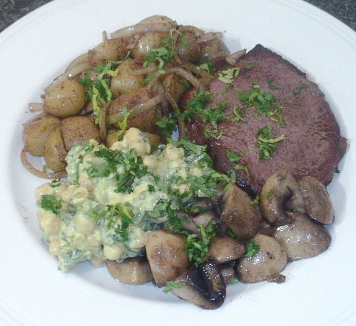 This beef steak with fried potatoes and onions, garlic mushrooms and spicy chickpeas salad is just one of the recipes to be found on this page