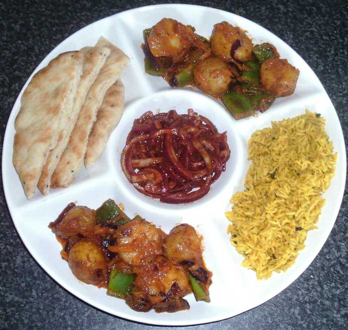 This potato and green bean jalfrezi with turmeric rice, spiced onions and naan is just one of the recipes featured on this page