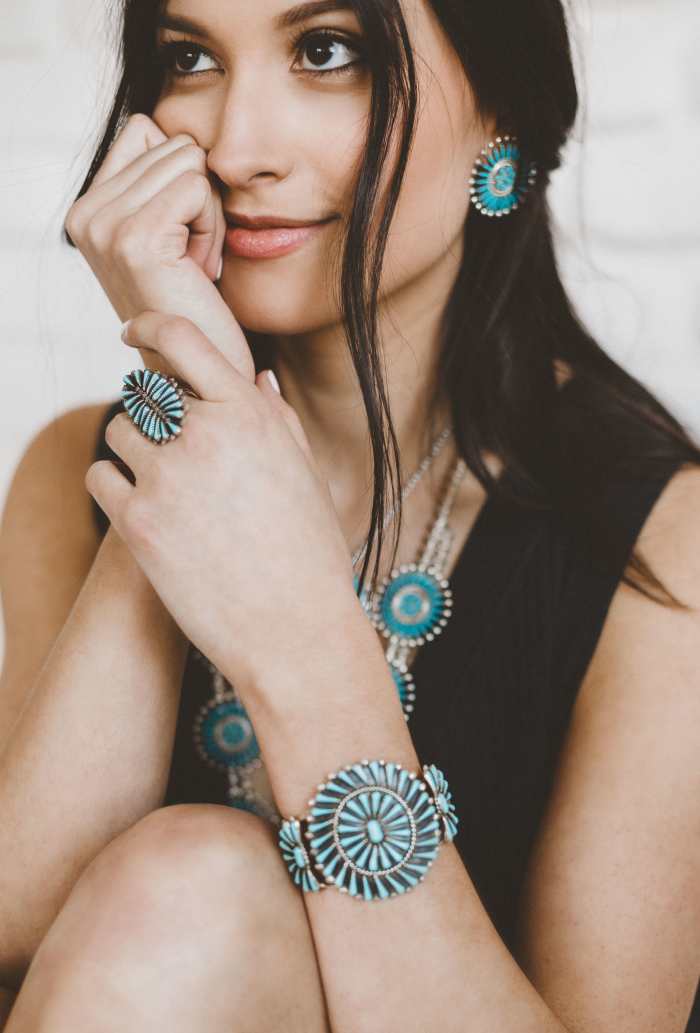 Beautiful Zuni designed turquoise jewelry in the needlepoint, petit point, and inlay designs.