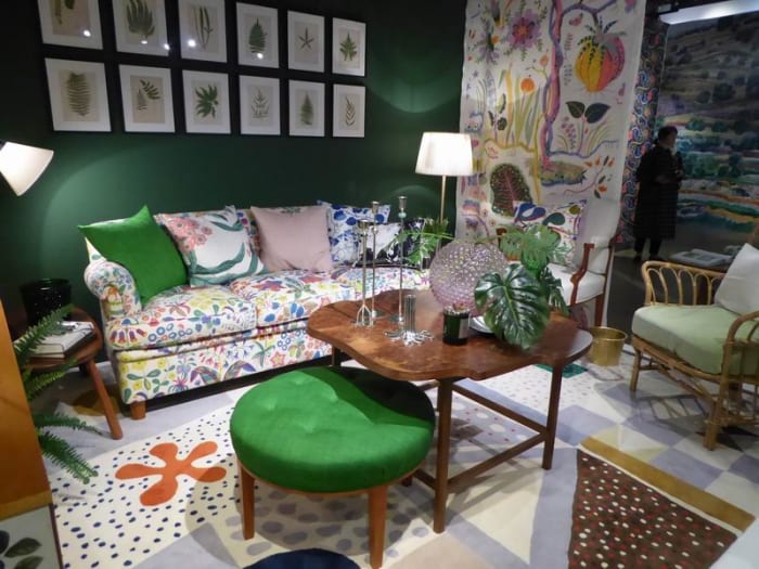 A room setting showing designs by Josef Frank. Copyright image by Frances Spiegel with permission from the Fashion and Textile Museum. All rights reserved.