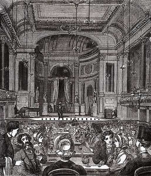 The Oxford Music Hall in 1875 where the audience could get well lubricated, the better to enjoy comic songs.