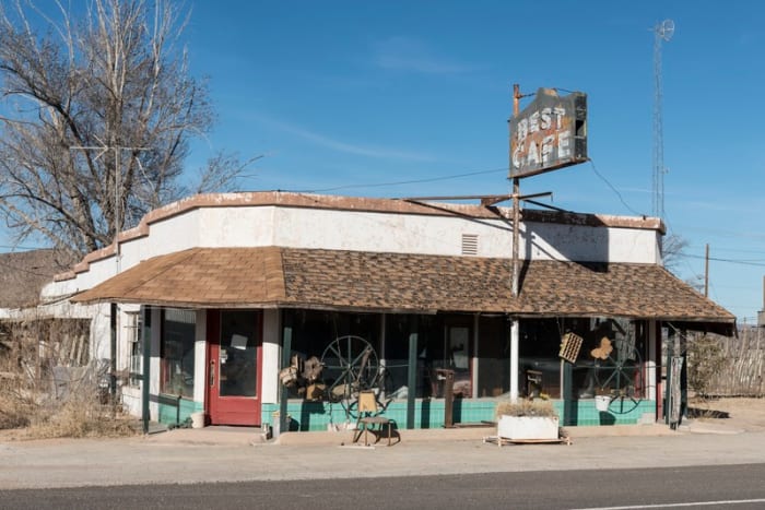 A deserted cafe in Sierra Blanca, made a virtual ghost town when the interstate highway bypassed it in Hudspeth County, Texas.