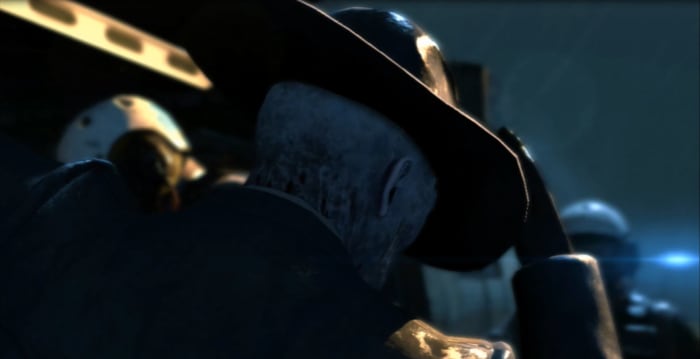 A mysterious new character named Skull Face prepares to board a helicopter. Image copyright of Konami.
