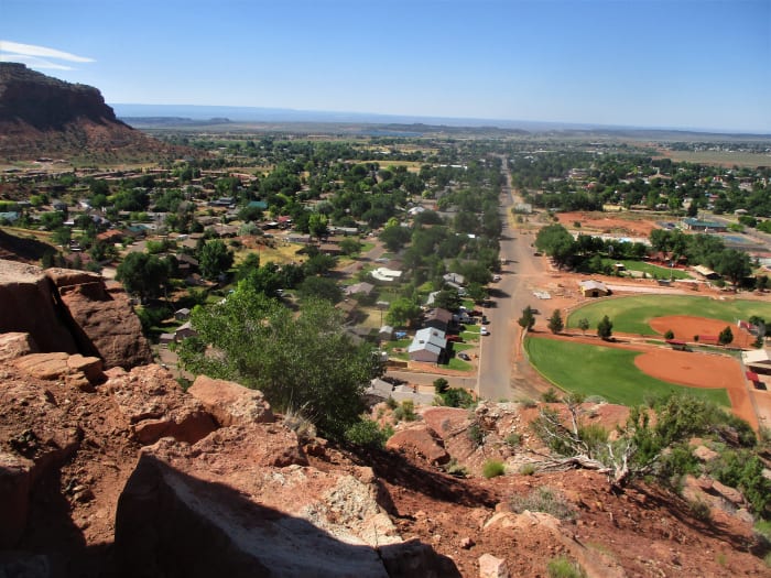 Kanab is just an Indian word, which means the place of the willows. In this picture, Kanab is viewed from the red rock cliffs that border the north side of town.