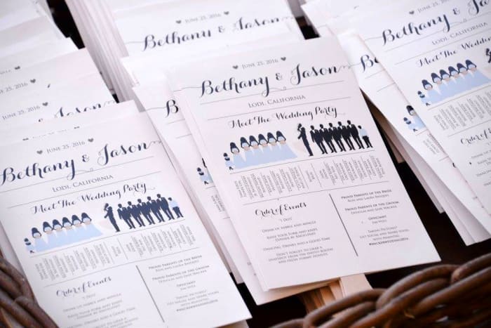 This silhouette wedding program timeline can be purchased as a digital option to print and assemble yourself at home as a unique and handy way to layout the big days events and introduce your bridal party.