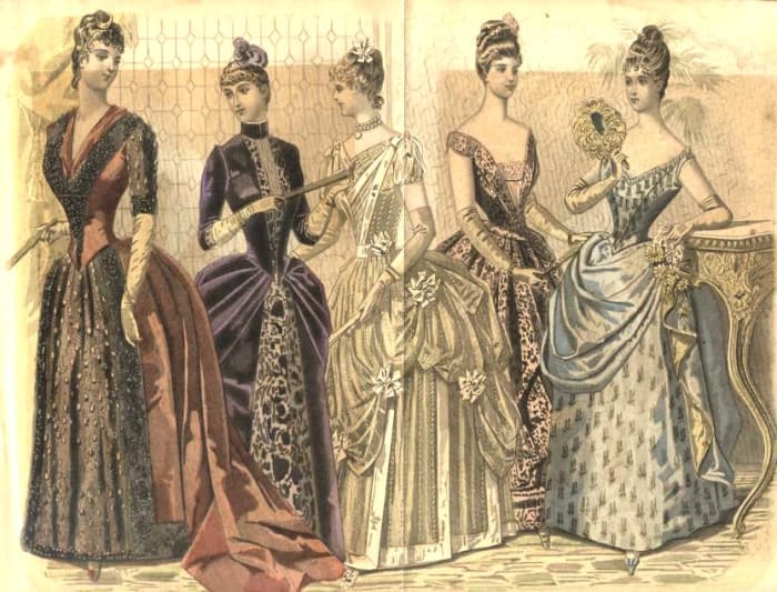 Fashion Plate circa 1888 from Peterson's Magazine. Primeira e segunda figuras usam estilo polonaise.'s Magazine. First and second figures wear polonaise style.