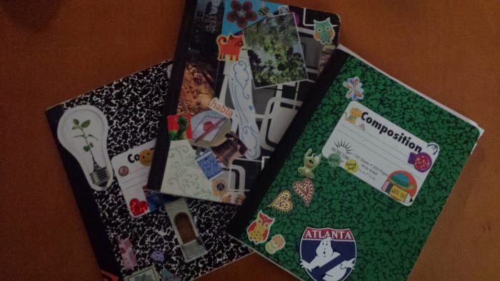 Personally, I like to write in plain composition books, decorated with stickers or postcard collages. These plain, funny-looking notebooks help me to loosen up and not worry about being mature or polished.