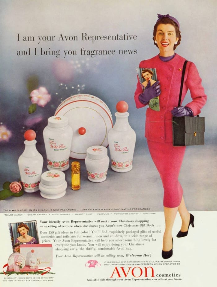 A vintage advertisement making use of the famous "Ding Dong, Avon Calling" catchphrase.