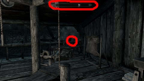 Skyrim's default setting is to have a compass in the top center and crosshair in the center of the screen.
