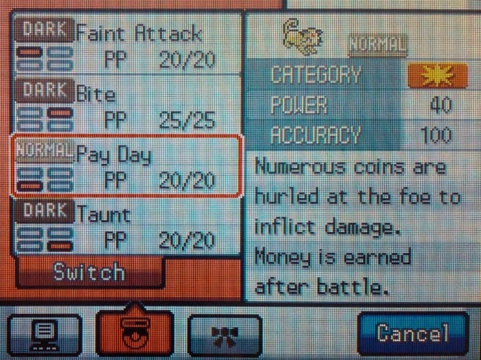 Using Pay Day while battling another Trainer can earn you even more money!