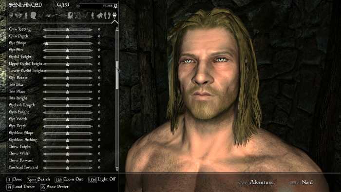 An example of the sliders added to the Player Character creation screen by the excellent "Skyrim" mod, "Race Menu".