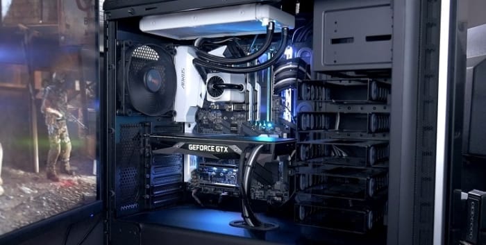 The system I'll be testing the monitors on is my Frame Raider build featuring the Intel i7-8700K, which is overclocked to 5GHz and running on a liquid all in one cooler.