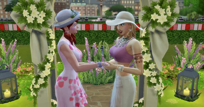Kinga and Elyse, my two Sims I've written about a few times, had a beautiful informal wedding on a spring afternoon in a city park. Who says brides must wear white?