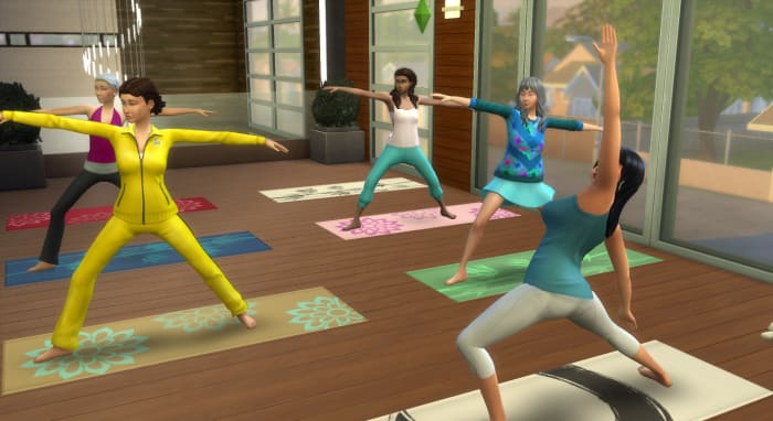 Your Sim will start off a little wobbly in yoga, but as her wellness skill increases she will be able to do impressive poses with ease.