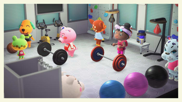 My character (centre) isn't a fan of working out, but it looks like Biskit and Henry are having a fun b-ball game to the left.