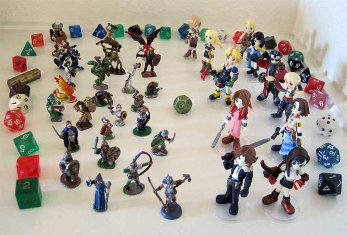 "D&D" dice—including that worn yellow-and-green D12 from my 1979 basic "D&D" set—and my old painted figures from the '80s, along with more recent "Final Fantasy" figs.