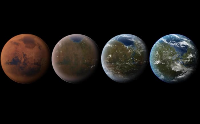 Artist’s impression of the terraforming of Mars, from its current state to a livable world.