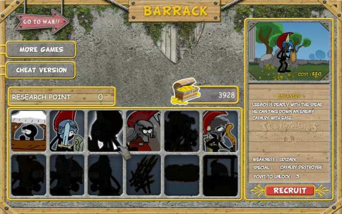 Like most tower defense games, you earn points to invest in more powerful units and can choose which units will be available by reallocating spent points.