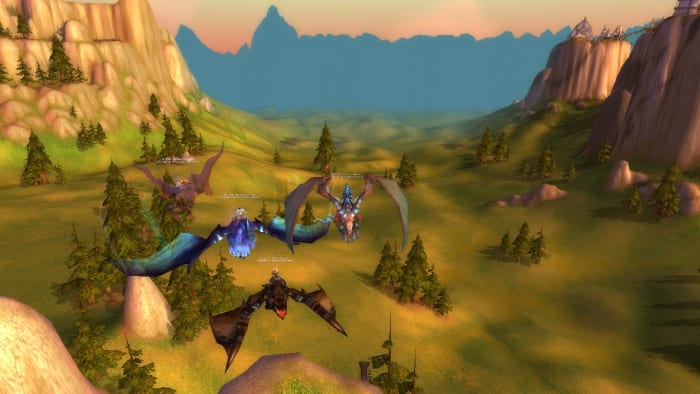 Top left, Shadie on his wind rider. Under him is Nozzikk, on his netherwing mount, to the right is me on my Blazing Drake. At the bottom is my boyfriend on his Black Proto Drake.